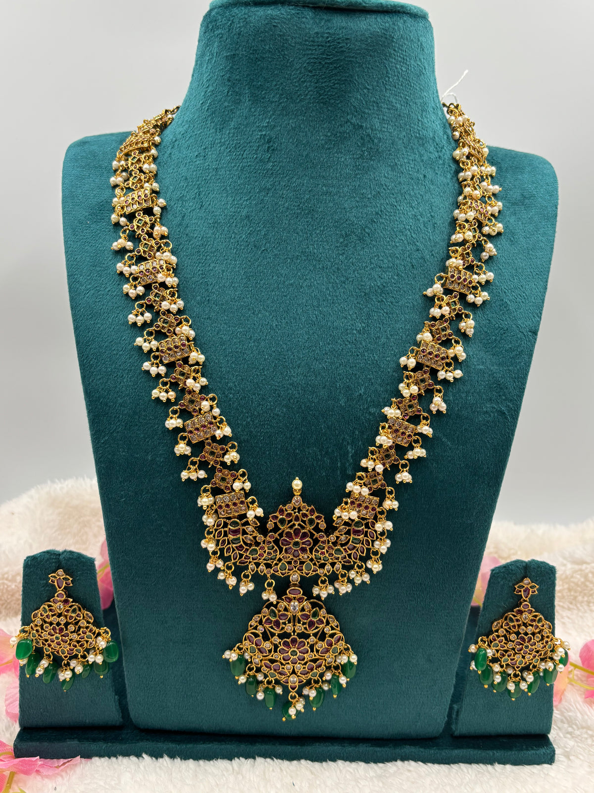 Premium Kemp Stone Long Haram Set with Green Beads & Matching Earrings