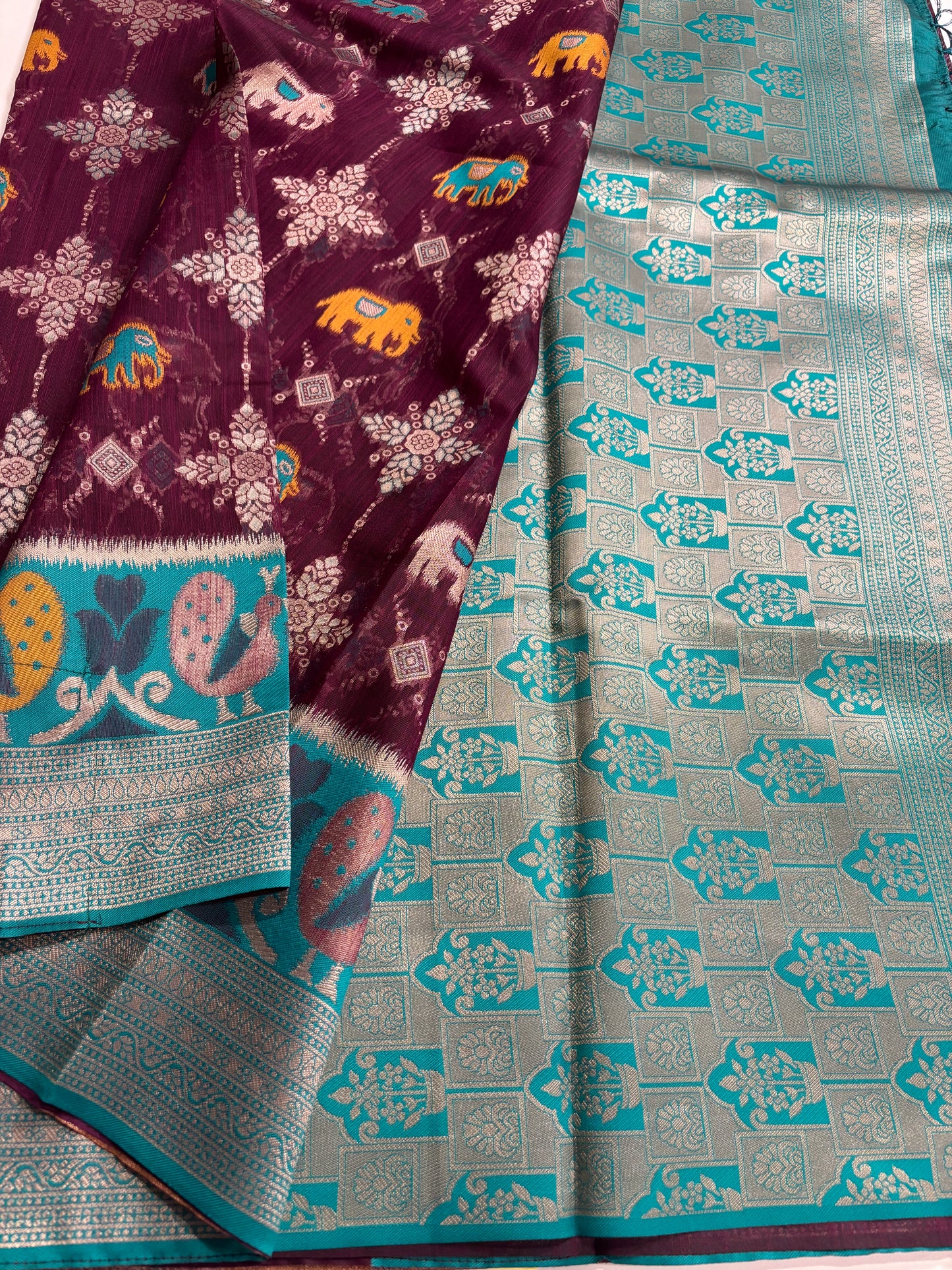 Elegant Silk‑Cotton Jamdani Saree – Burgundy Body with Sky‑Blue Border and Elephant Design