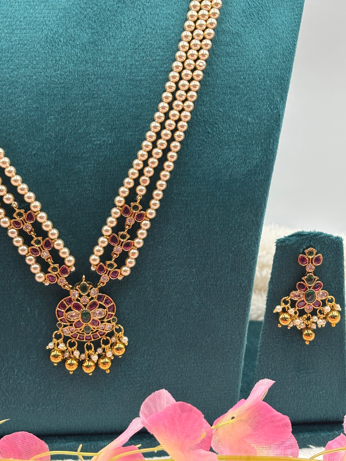 Pearl Kemp Stone Long Haram Set with Floral Pendant & Matching Earrings – Antique Gold Finish