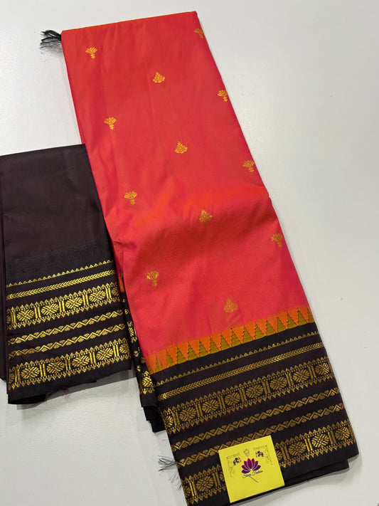 Peach & Brown Kanchipuram Semi Silk Saree with Contrast Border & Pallu