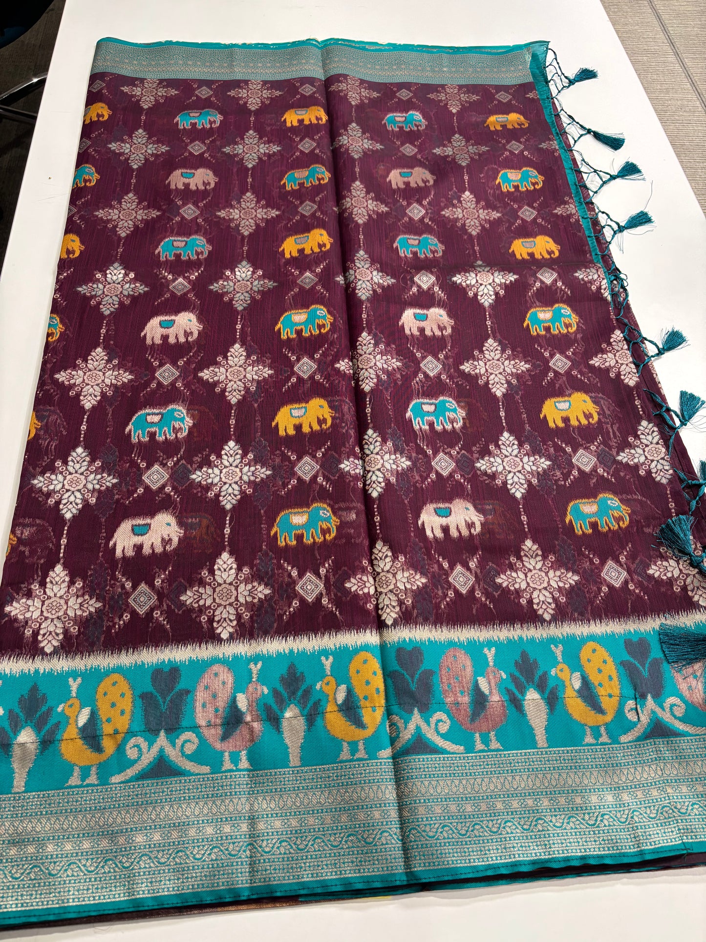 Elegant Silk‑Cotton Jamdani Saree – Burgundy Body with Sky‑Blue Border and Elephant Design