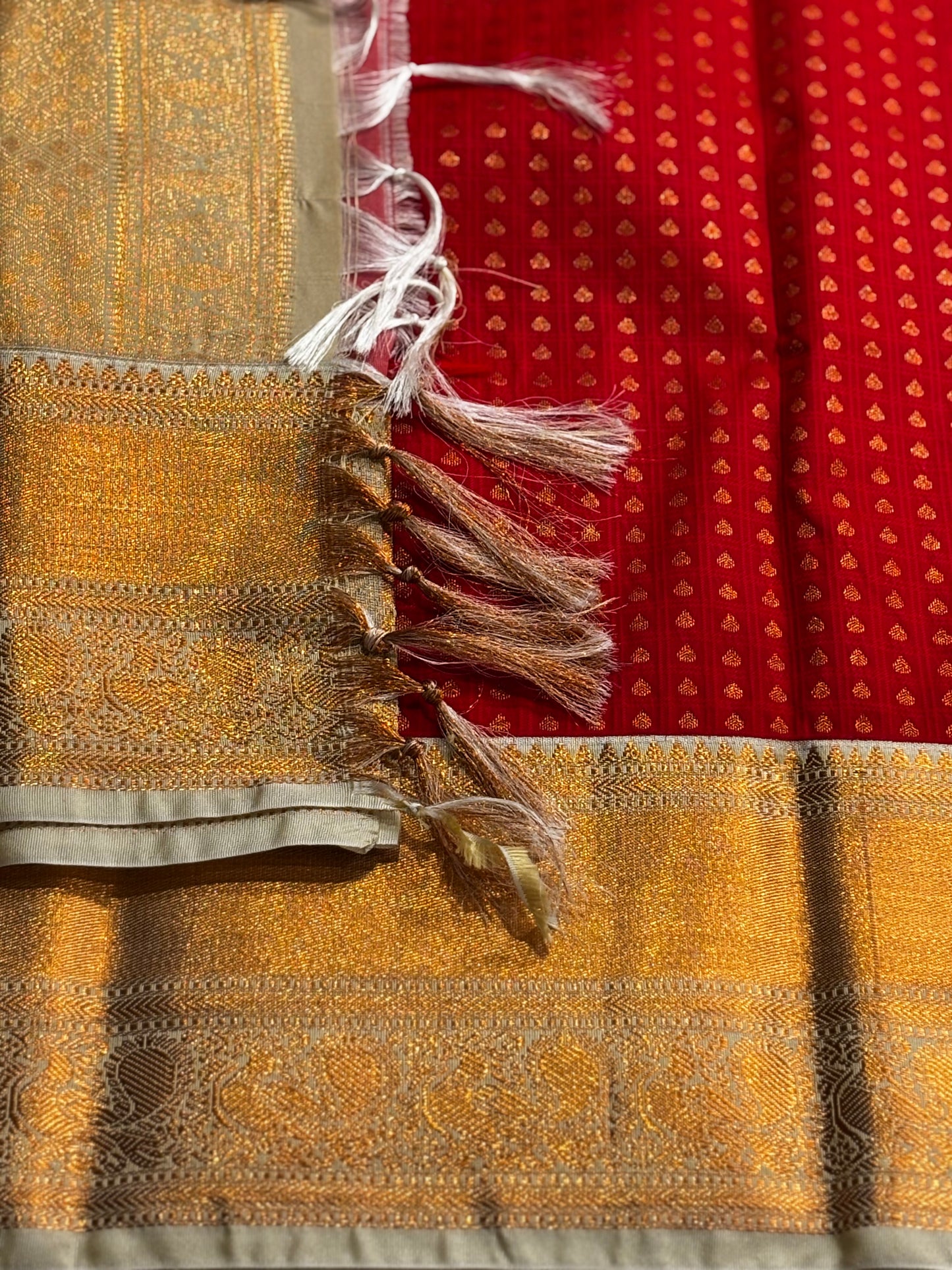 Elegant Red and Beige Semi Kanchipuram Saree with Golden Weave