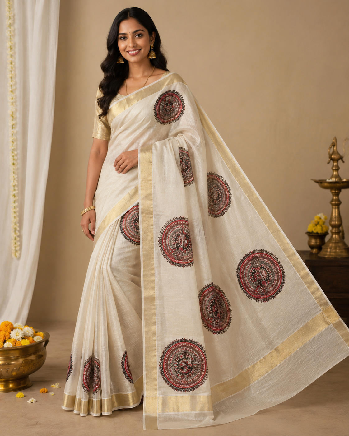 Kerala Kasavu saree with traditional red and black motif print – view 2