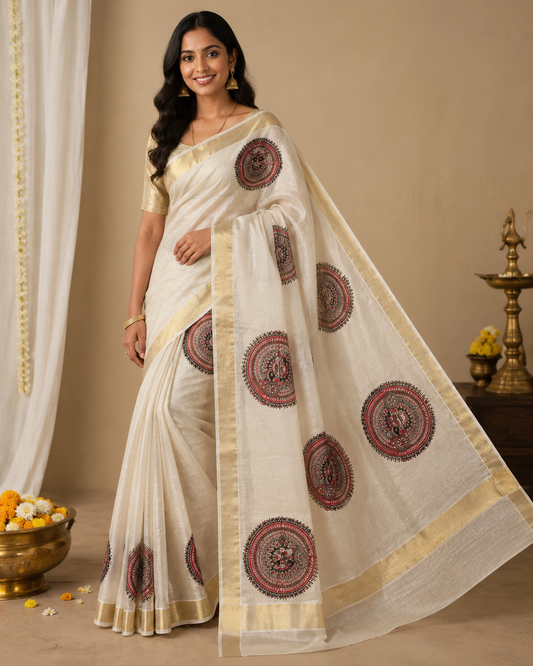 Kerala Kasavu saree with traditional red and black motif print – view 2