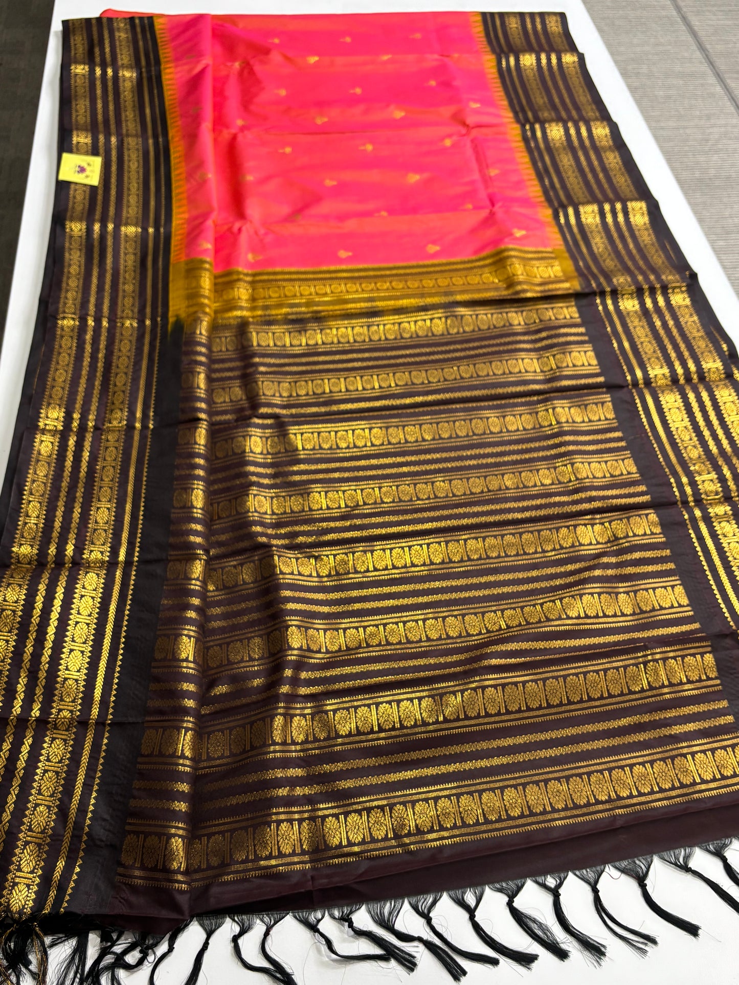 Peach & Brown Kanchipuram Semi Silk Saree with Contrast Border & Pallu