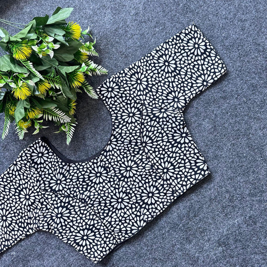 Black Cotton Blouse with Floral Pattern – Elegant Everyday Pairing for Sarees