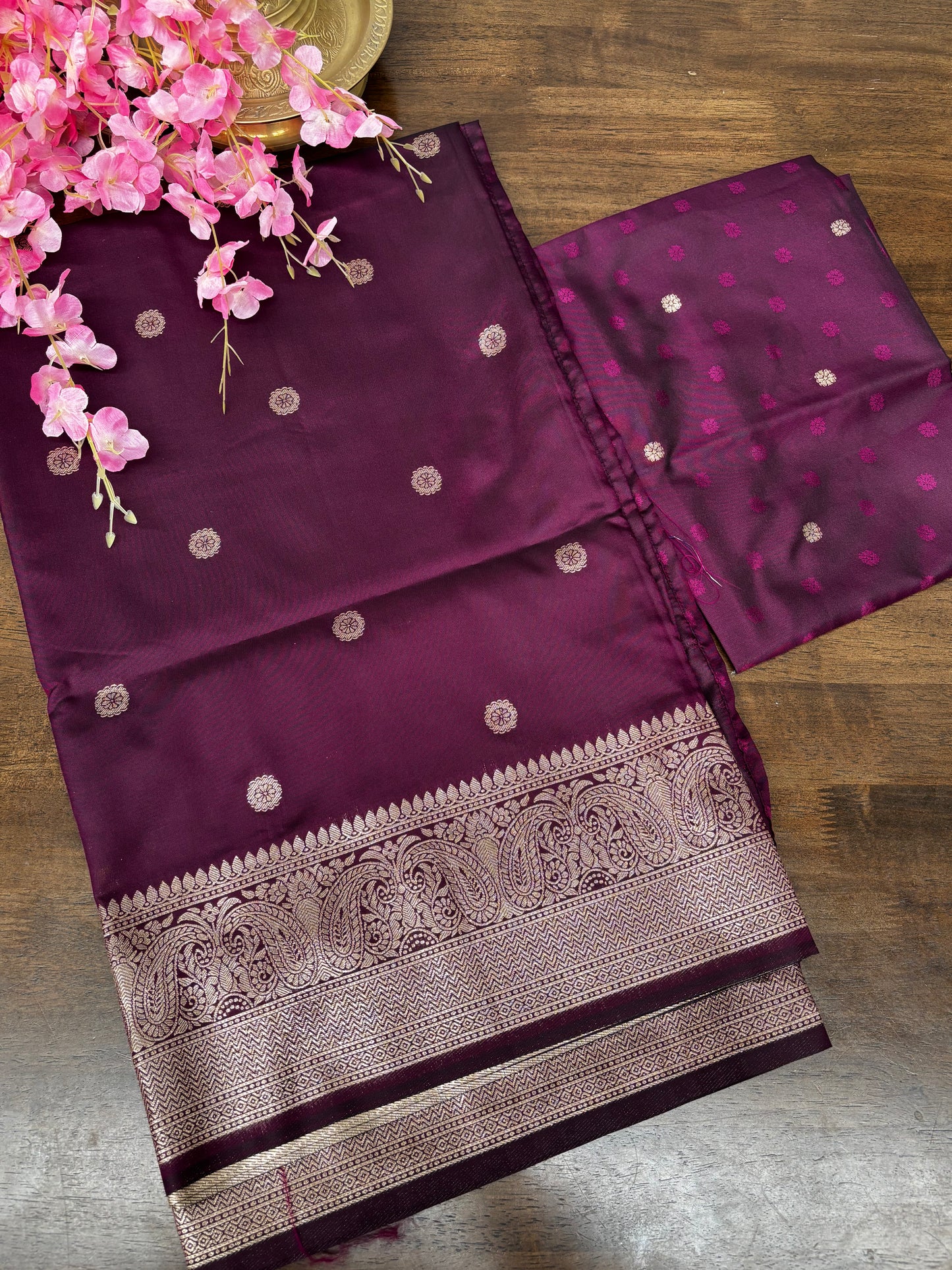Elegant Wine Soft Silk Saree with Intricate Zari Border & Matching Blouse Piece