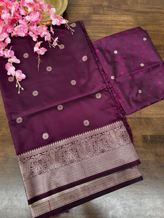 Elegant Wine Soft Silk Saree with Intricate Zari Border & Matching Blouse Piece