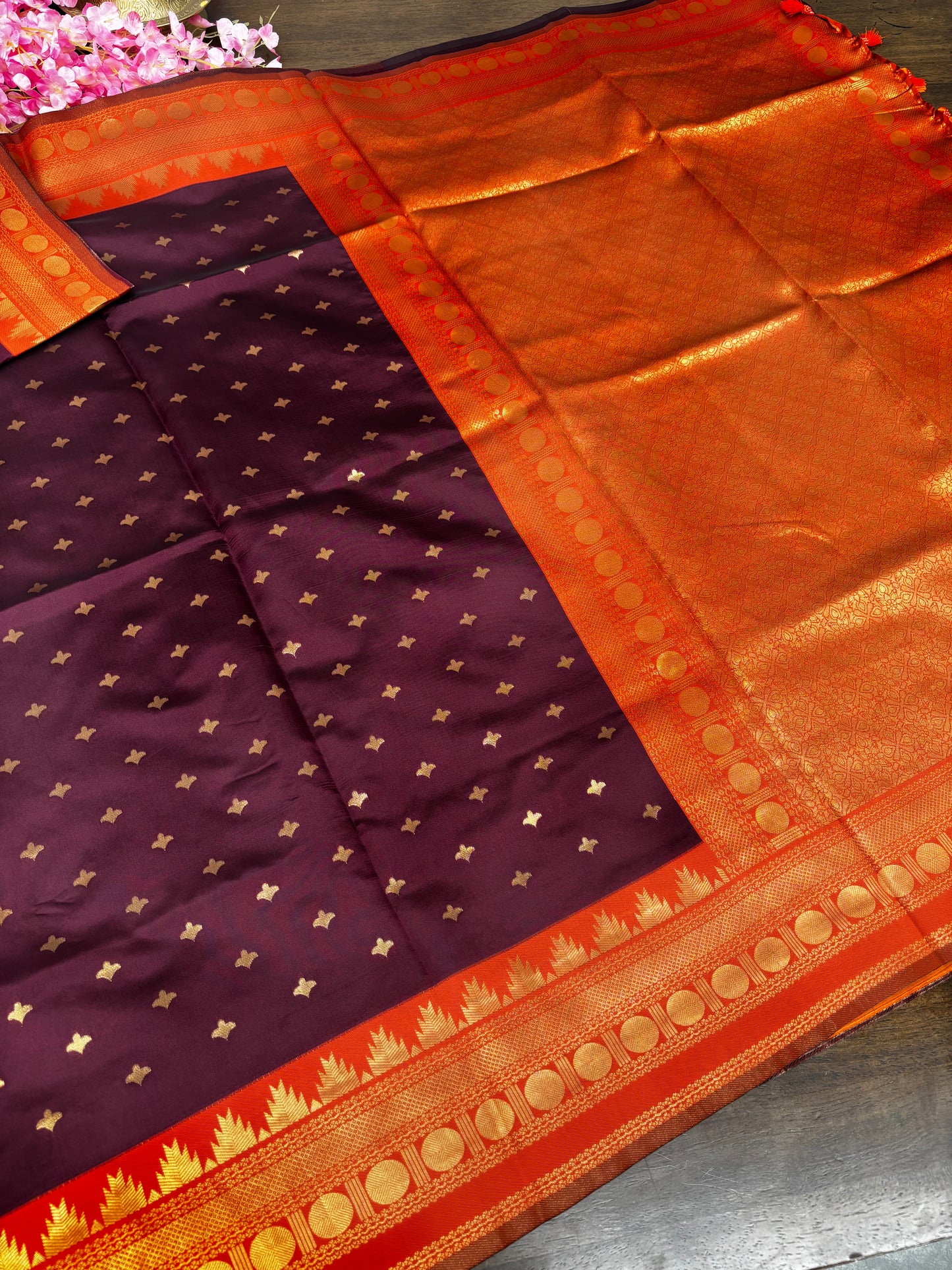 Elegant Deep Maroon Soft Silk Saree Featuring Orange Temple Border