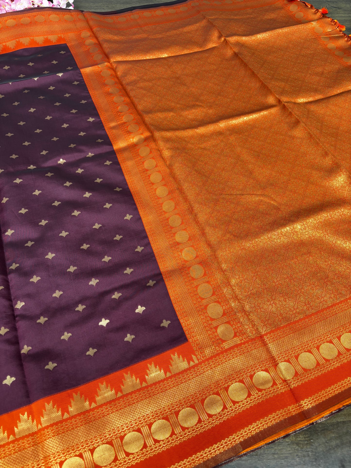 Elegant Deep Maroon Soft Silk Saree Featuring Orange Temple Border