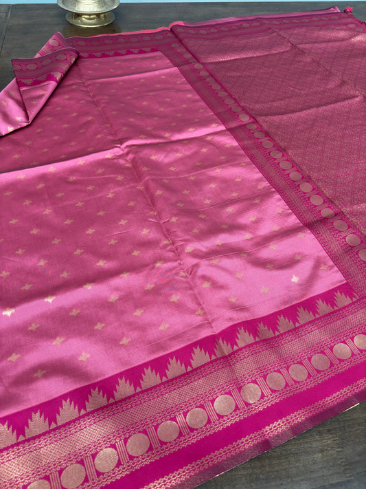 Premium Light Pink Soft Silk Saree Featuring Dark Pink Temple Border