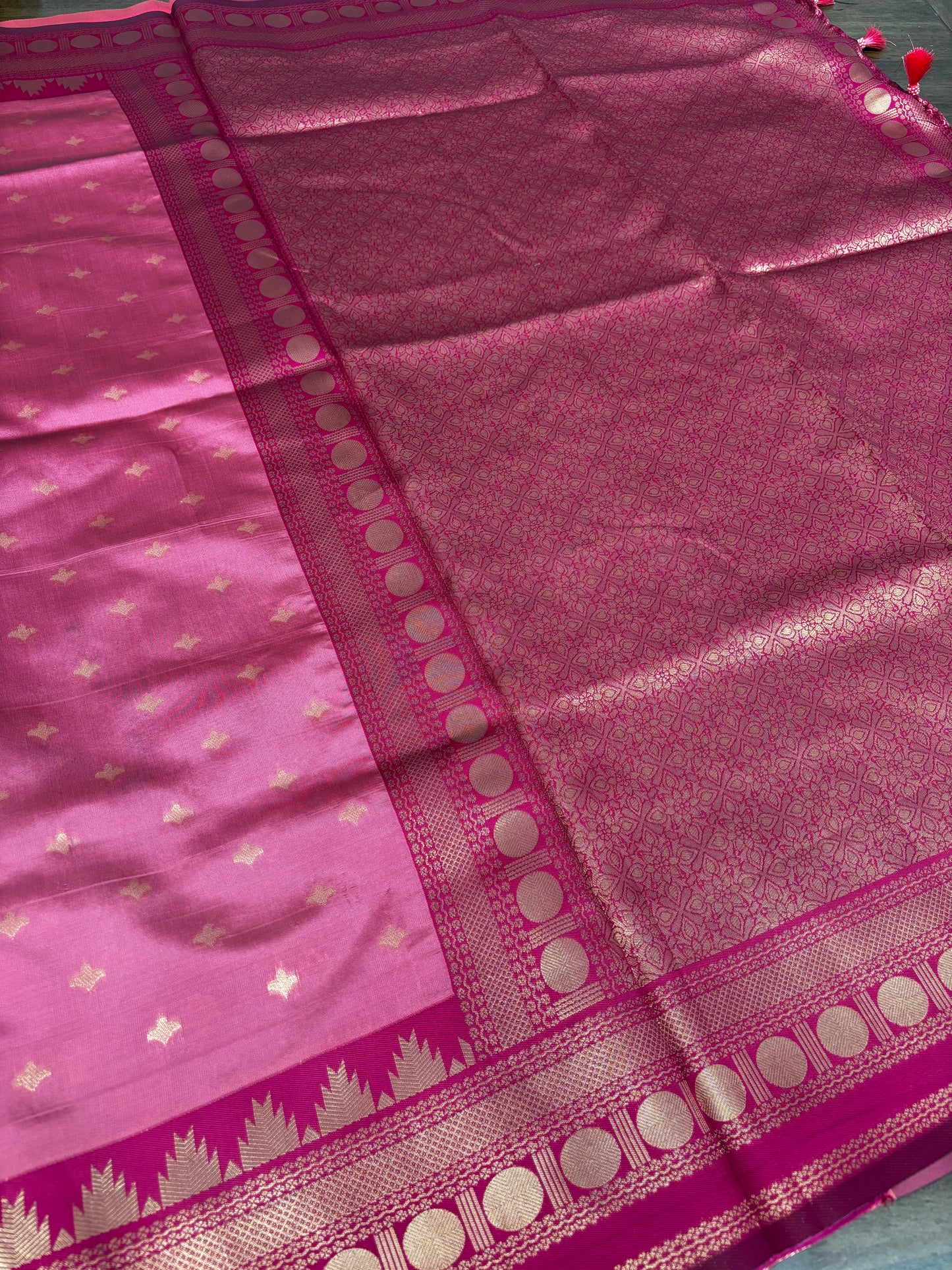 Premium Light Pink Soft Silk Saree Featuring Dark Pink Temple Border