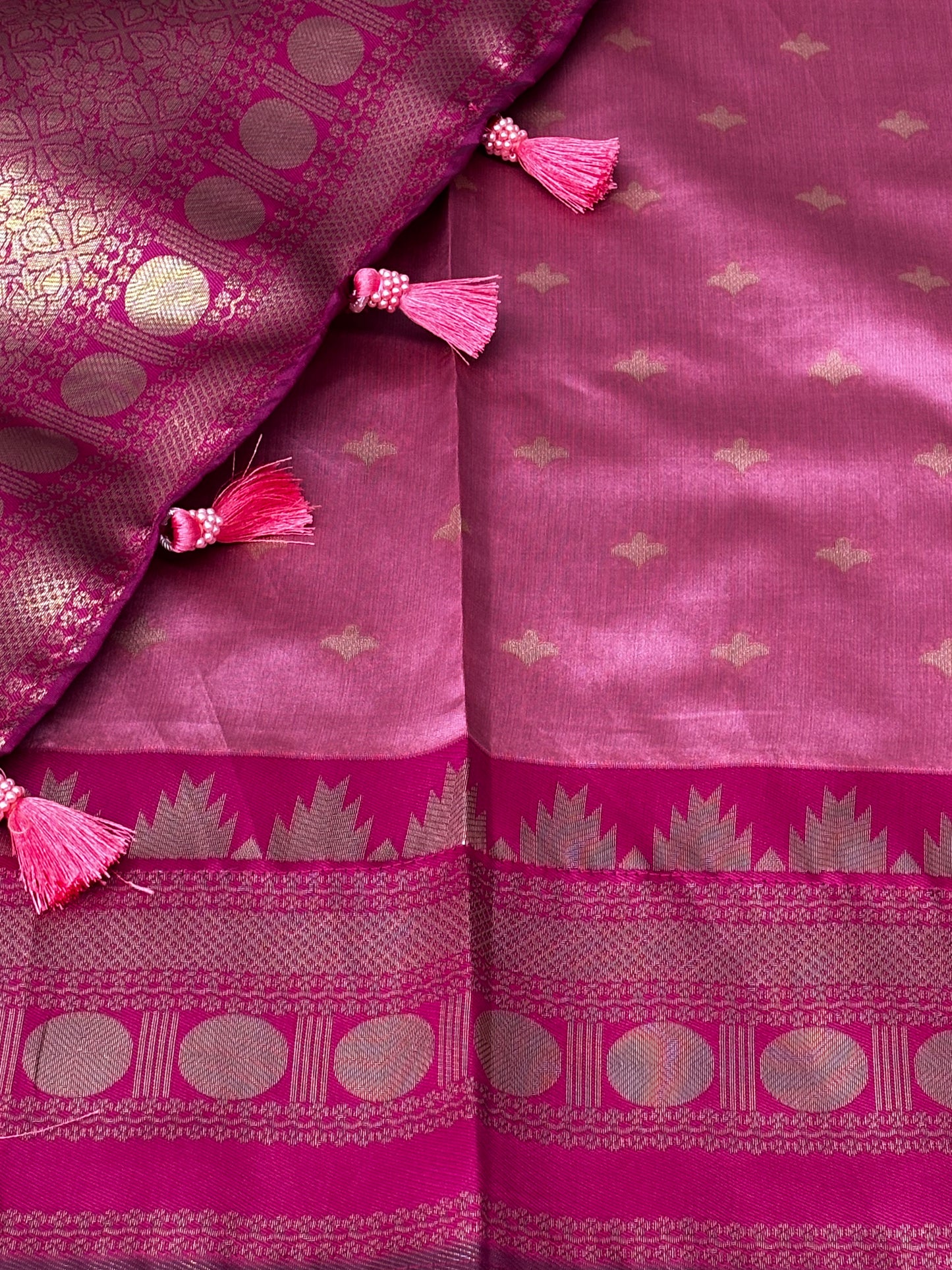 Premium Light Pink Soft Silk Saree Featuring Dark Pink Temple Border