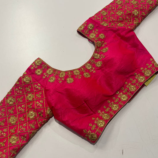 Rani Pink Ready-Made Blouse with Regal Gold Embroidery – Elegant Fit for Sarees & Lehengas