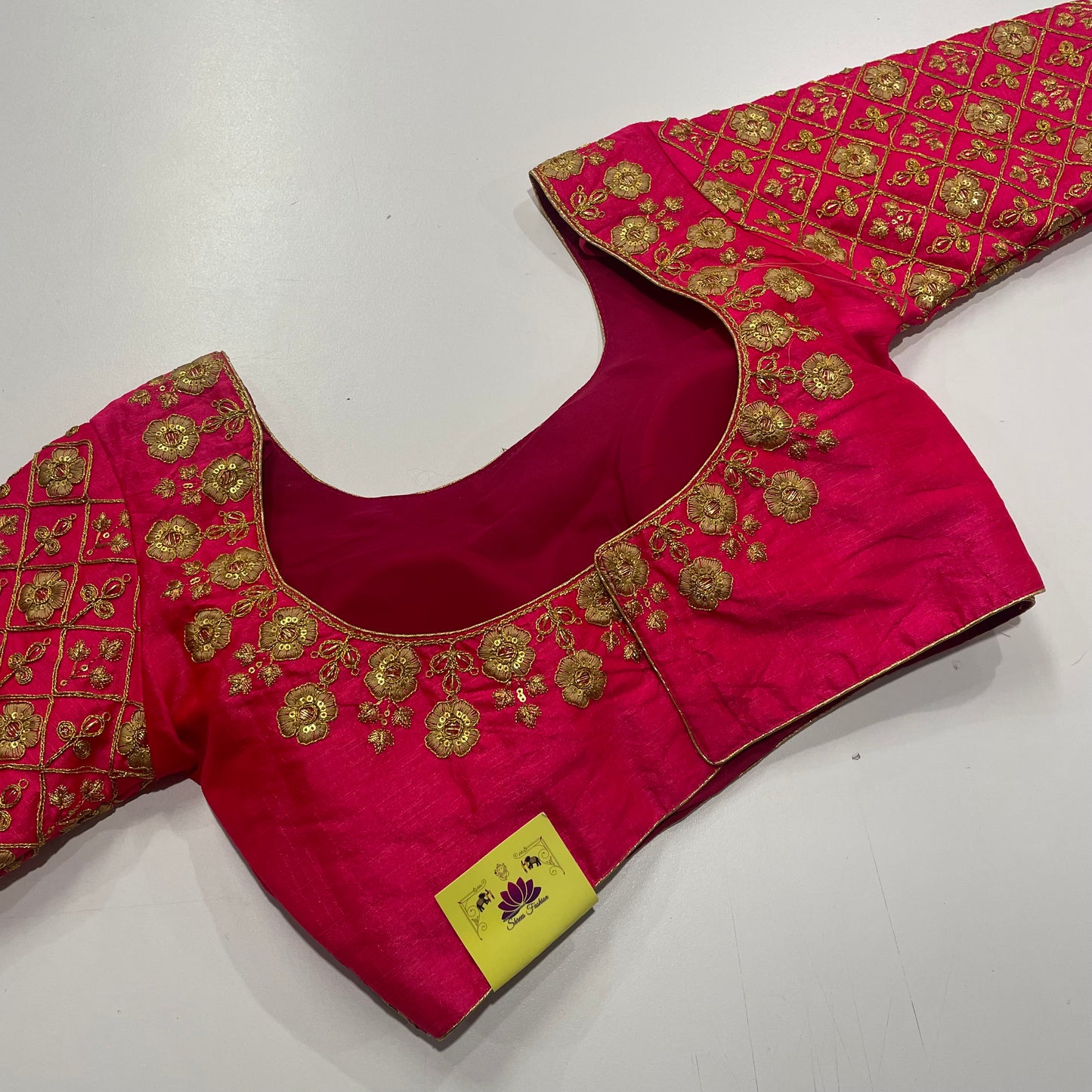 Rani Pink Ready-Made Blouse with Regal Gold Embroidery – Elegant Fit for Sarees & Lehengas