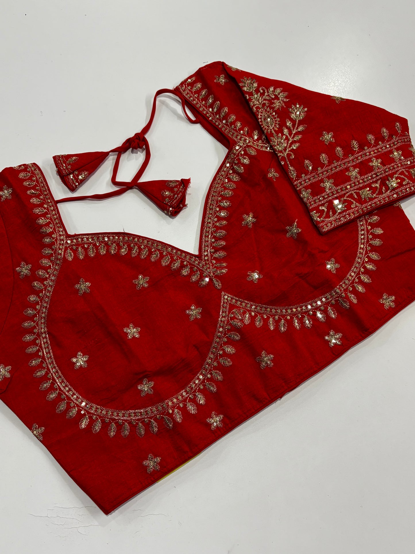 Gracefully Crafted Plus Size Red Traditional Embroidered Silk Saree Blouse with Gold Thread Work & Back Tassels | Shrees Fashion