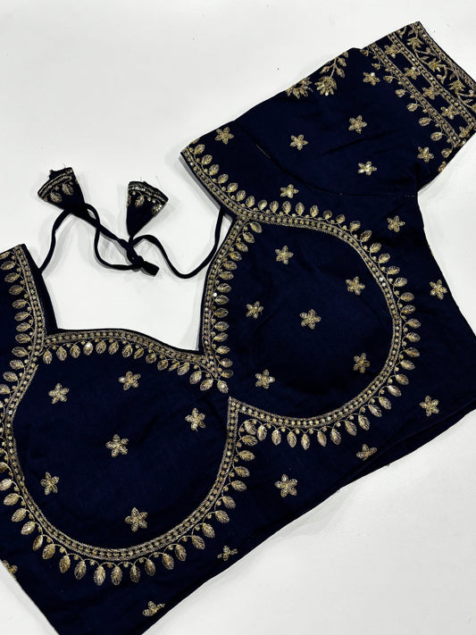 Elegantly Detailed Plus Size Dark Blue Traditional Embroidered Silk Saree Blouse with Gold Thread Work & Back Tassels | Shrees Fashion