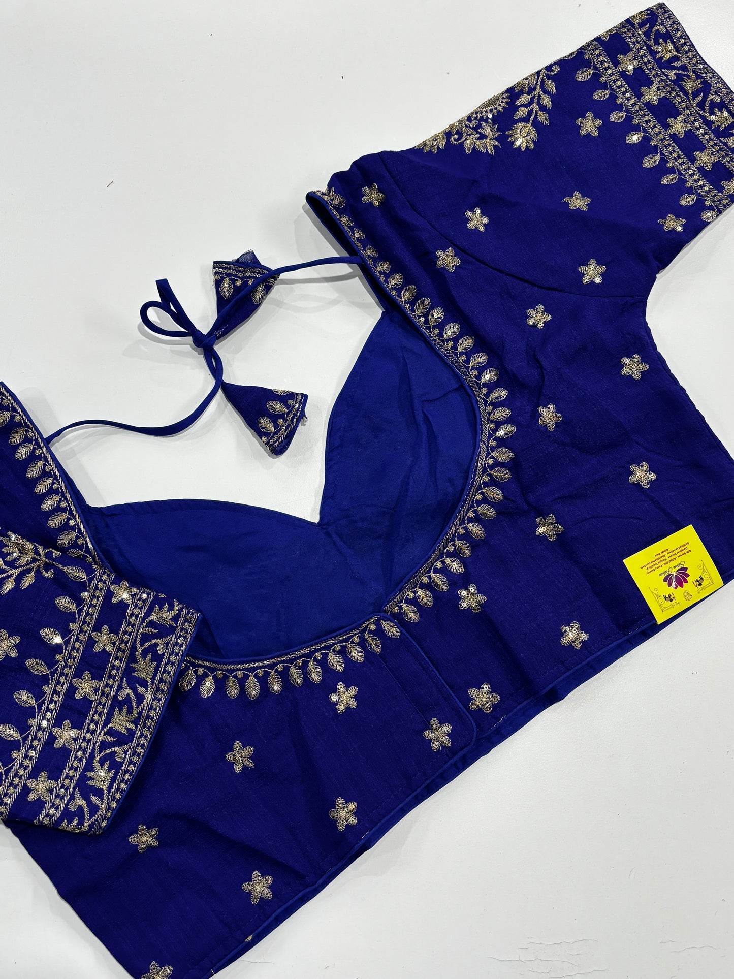 Elegantly Detailed Plus Size Royal Blue Traditional Embroidered Silk Saree Blouse with Gold Thread Work & Back Tassels | Shrees Fashion