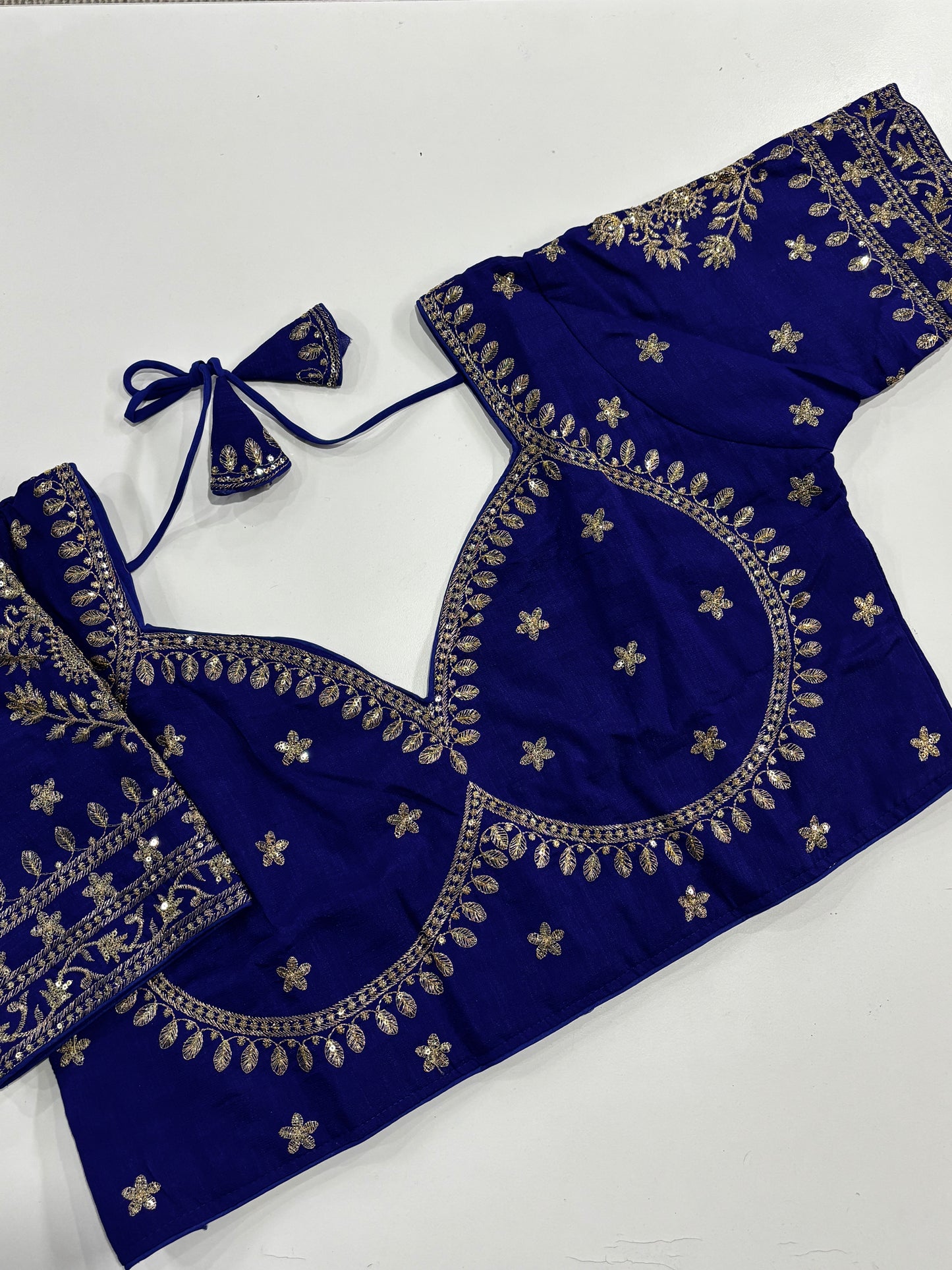 Elegantly Detailed Plus Size Royal Blue Traditional Embroidered Silk Saree Blouse with Gold Thread Work & Back Tassels | Shrees Fashion