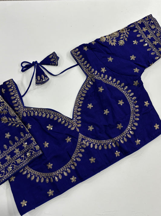 Elegantly Detailed Plus Size Royal Blue Traditional Embroidered Silk Saree Blouse with Gold Thread Work & Back Tassels | Shrees Fashion