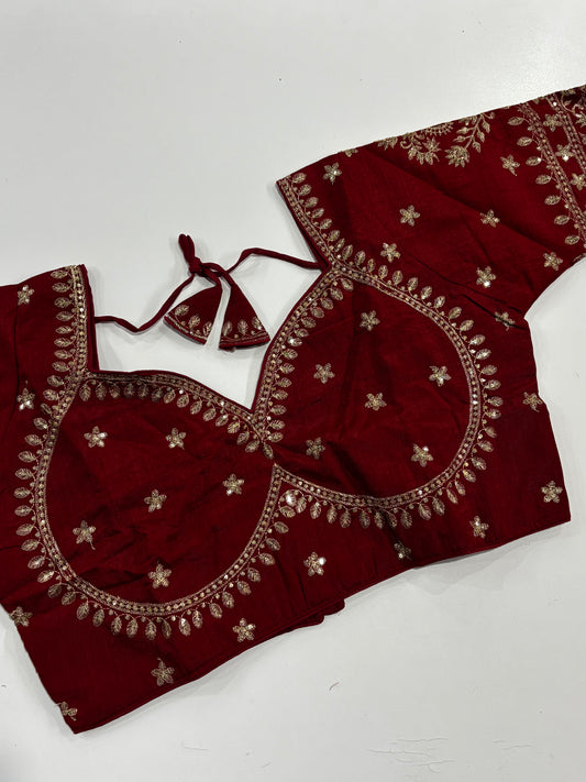 Elegantly Detailed Plus Size Maroon Traditional Embroidered Silk Saree Blouse with Gold Thread Work & Back Tassels | Shrees Fashion