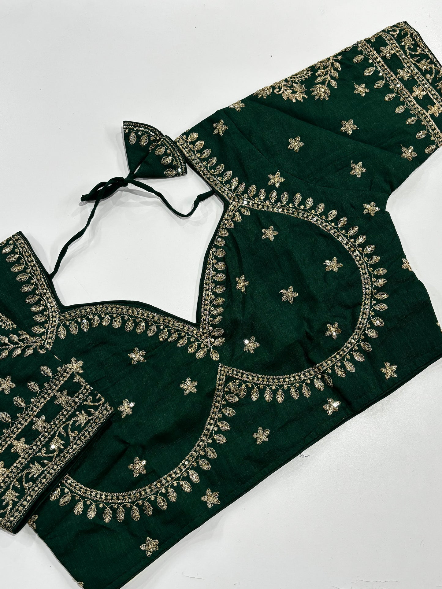 Elegant Plus‑Size Green Blouse Featuring Intricate Gold Embroidery