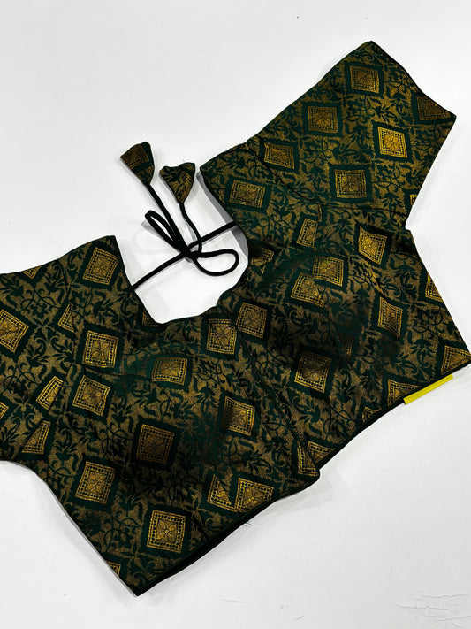 Beautiful Green Brocade Blouse with Golden Finish, Front Hooks & Matching Tassels | Shrees Fashion