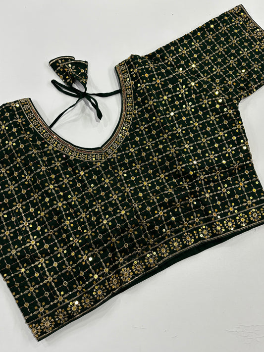 Beautiful Plus Size Green Embroidered Silk Blouse with Gold Work, Front Hooks & Matching Tassels | Shrees Fashion