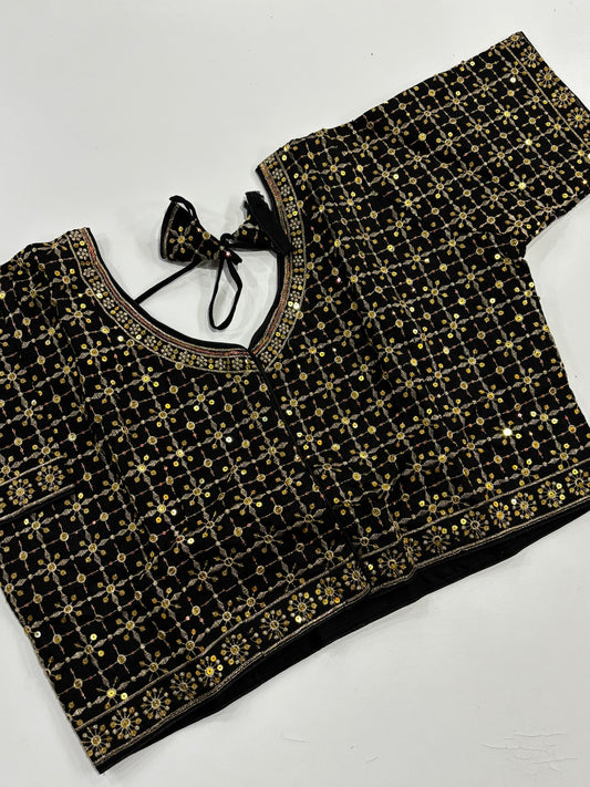 Elegantly Detailed Plus Size Black Embroidered Silk Saree Blouse with Gold Work & Back Tassels | Shrees Fashion