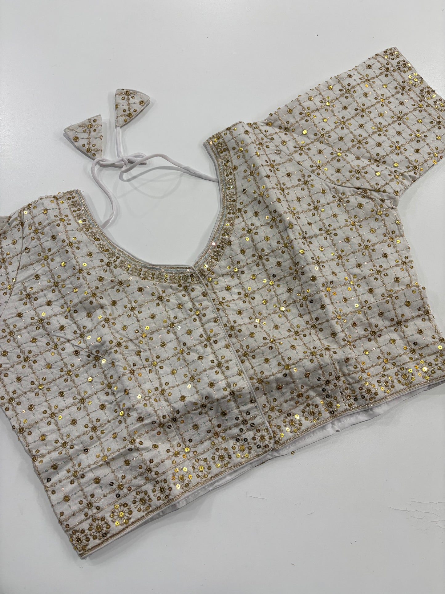 Beautiful Plus Size White Embroidered Silk Blouse with Gold Work, Front Hooks & Matching Tassels | Shrees Fashion