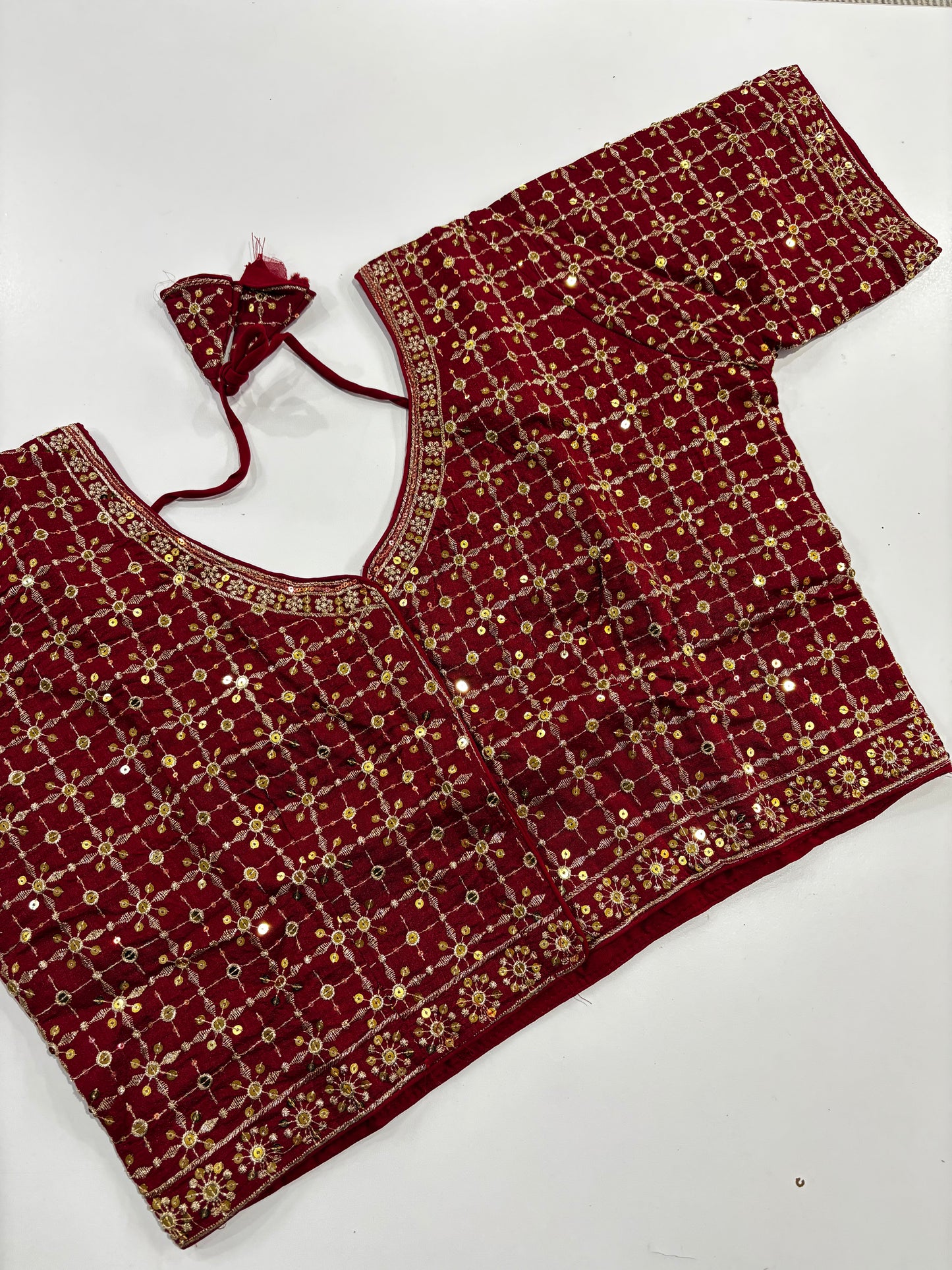Elegantly Detailed Plus Size Maroon Embroidered Silk Saree Blouse with Gold Work & Back Tassels | Shrees Fashion