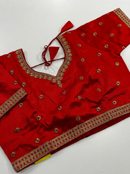Radiant Plus Size Red V‑Neck Embroidered Silk Saree Blouse with Gold Detailing & Back Hook | Shrees Fashion