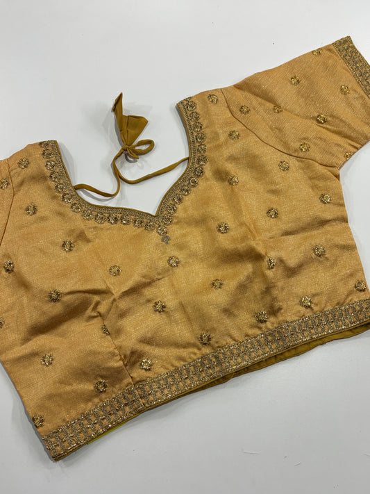 Beautiful Plus Size Golden V‑Neck Embroidered Silk Blouse with Sequin Work & Back Hook | Shrees Fashion