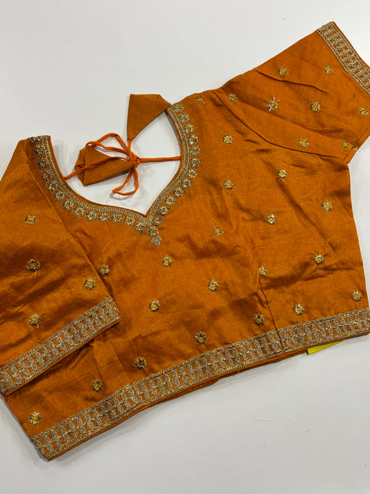 Elegantly Detailed Plus Size Mustard Yellow Embroidered V‑Neck Silk Saree Blouse with Gold Work | Shrees Fashion