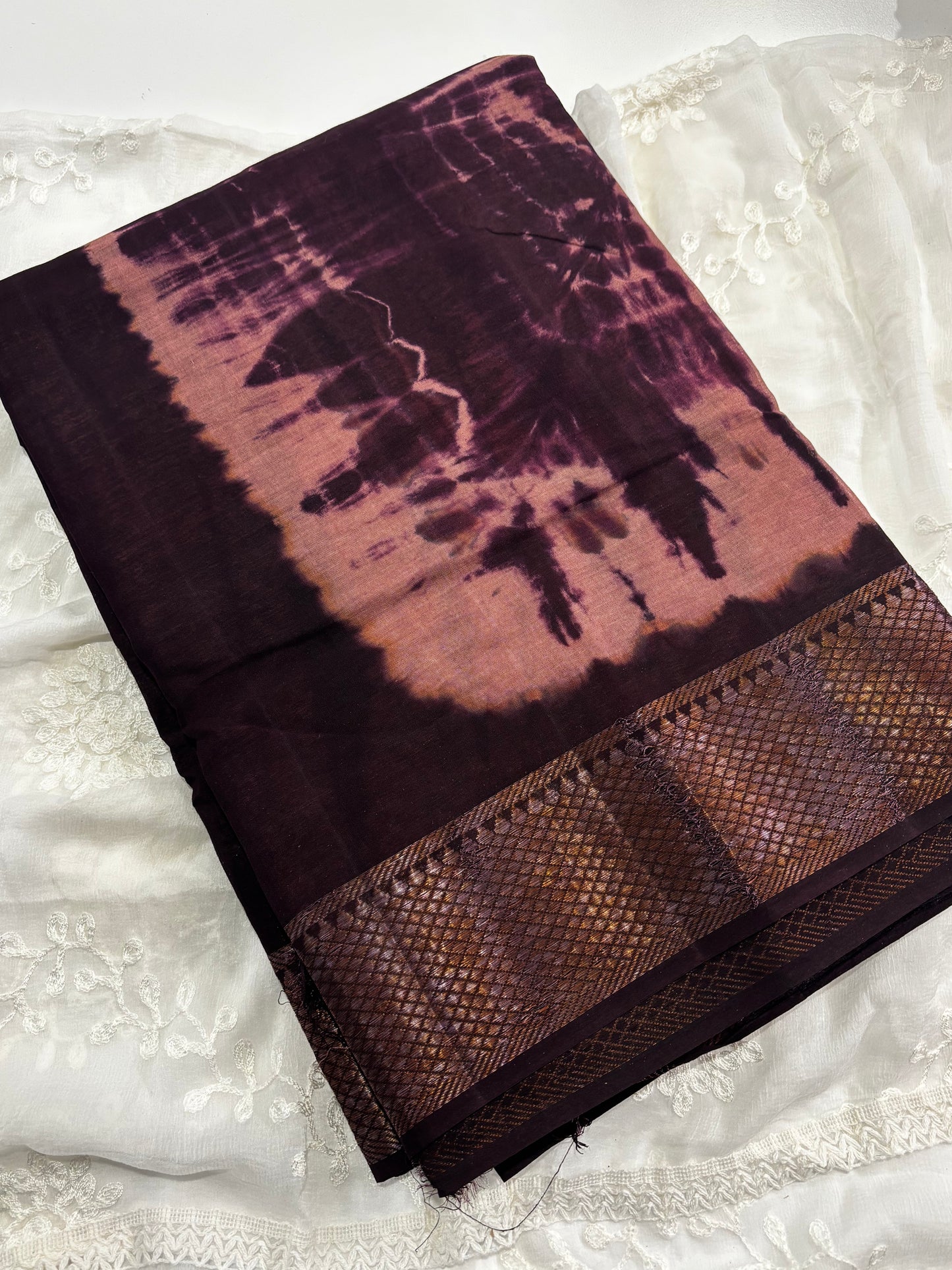 Premium Soft Organza Saree – Dark Chocolate Brown Tie‑Dye Design