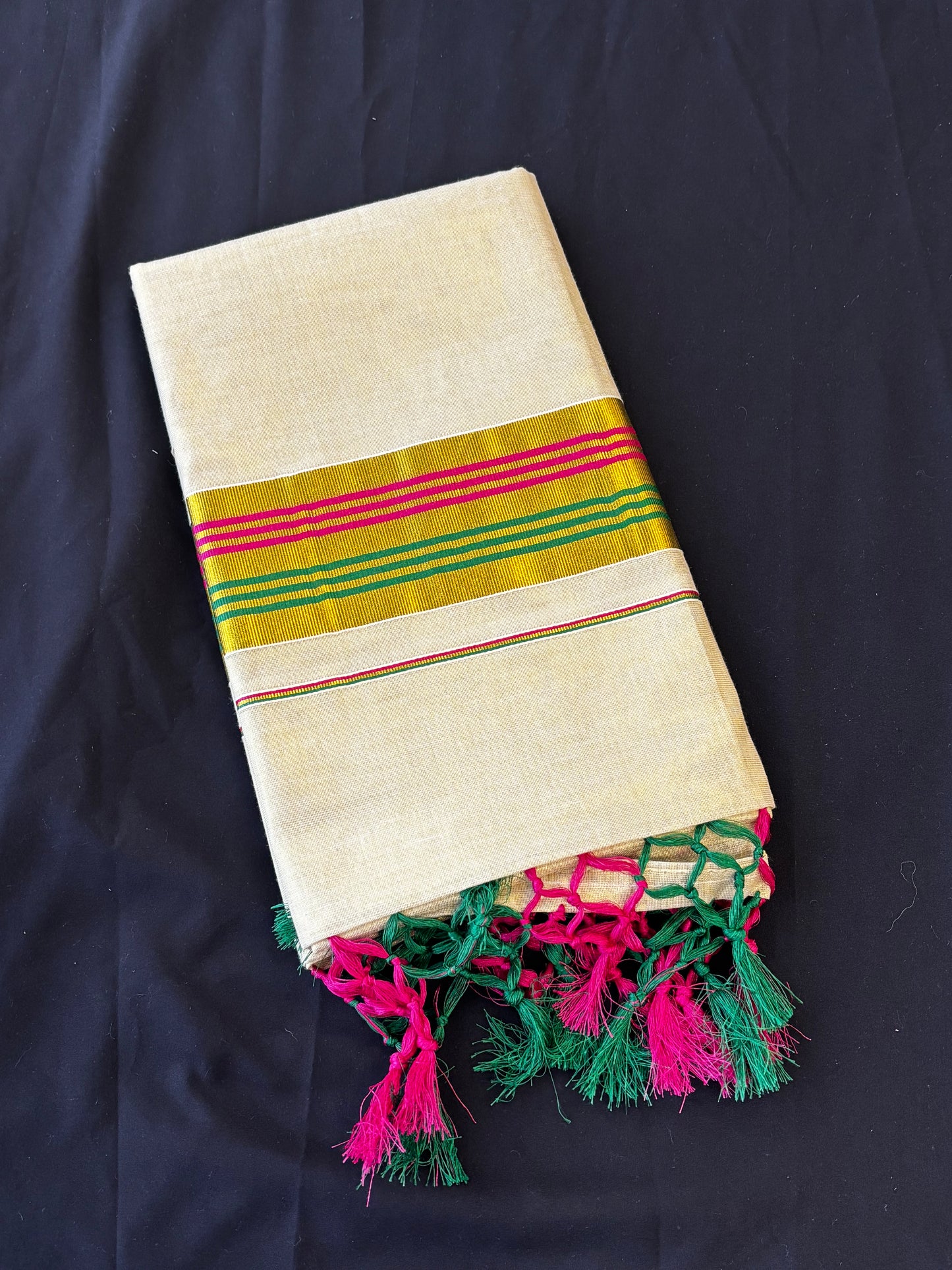 Kerala Kasavu tissue saree with multicolour magenta and green border – view 5
