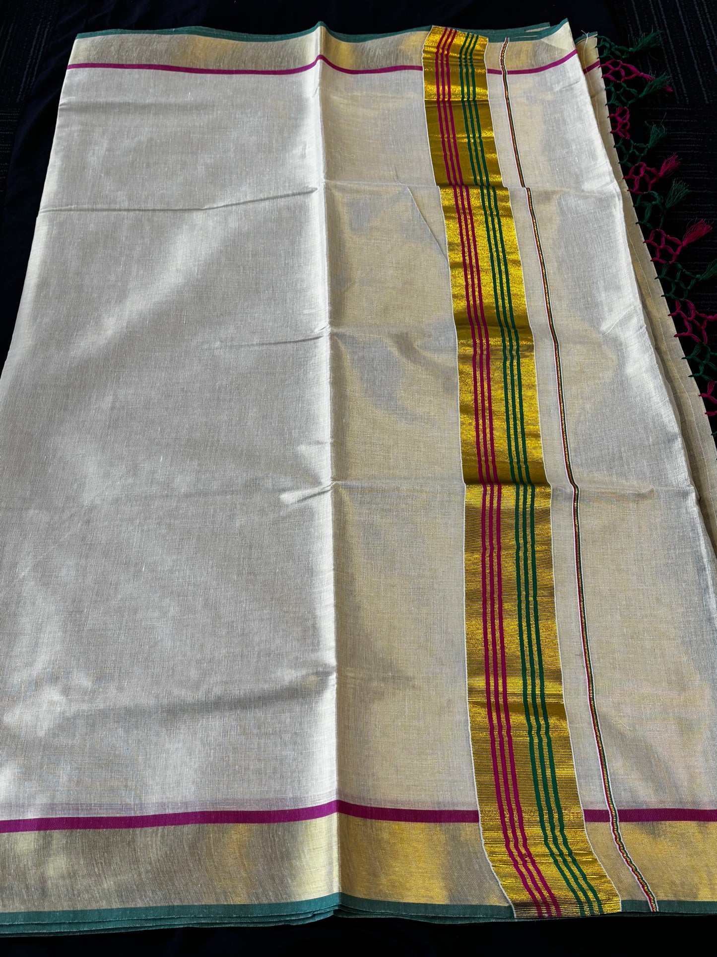 Kerala Kasavu tissue saree with multicolour magenta and green border – view 4