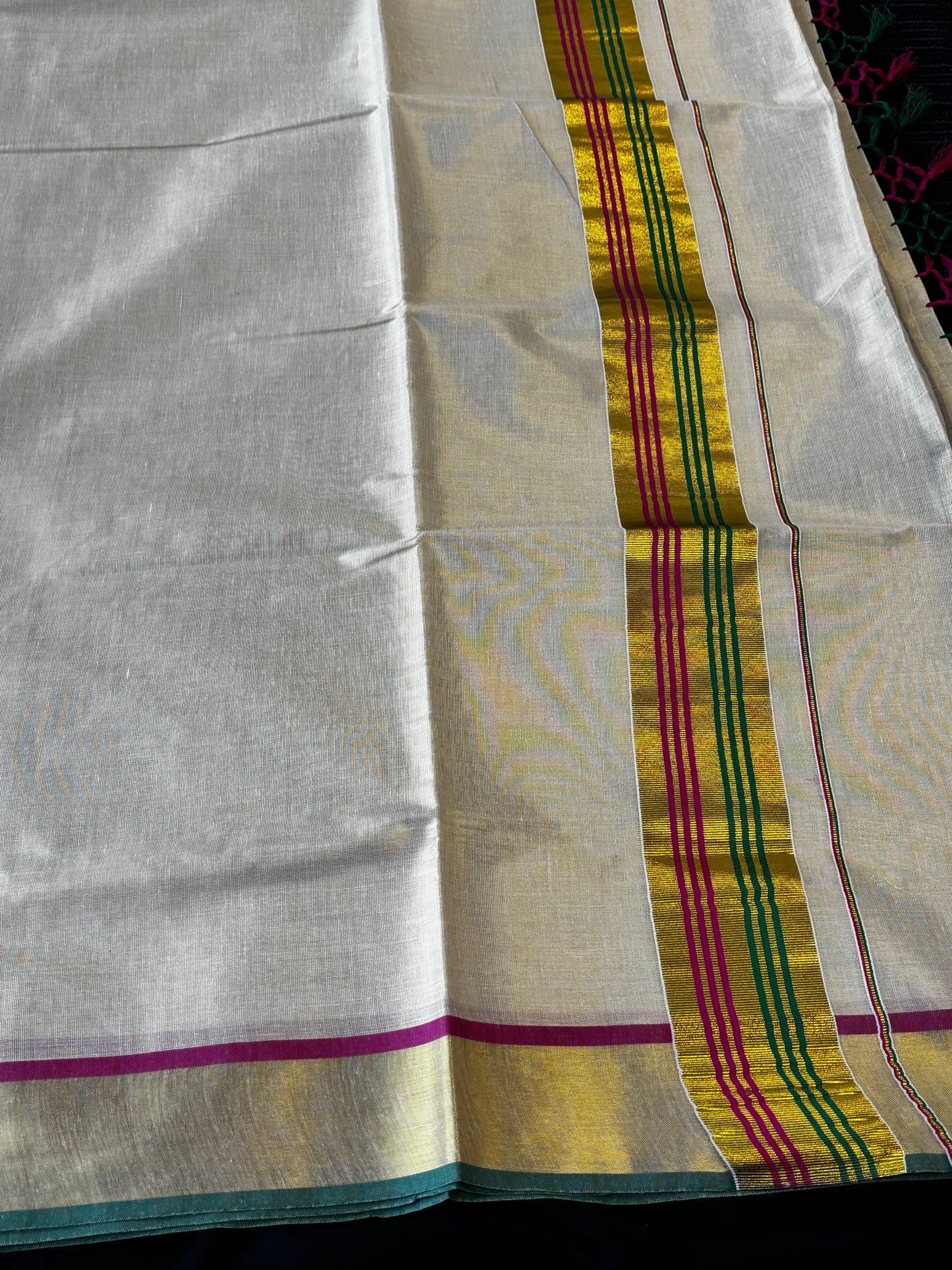 Kerala Kasavu tissue saree with multicolour magenta and green border – view 3