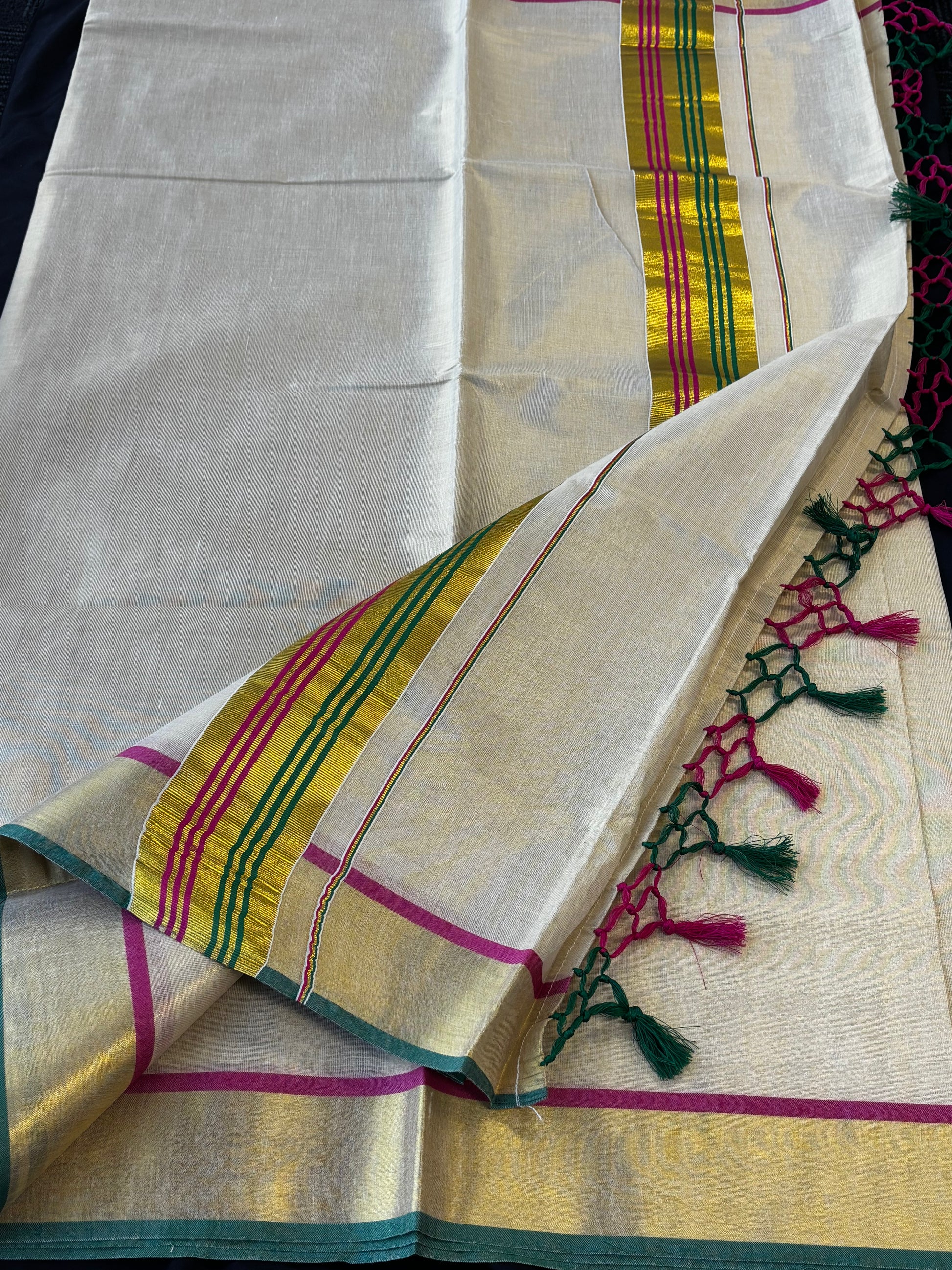 Kerala Kasavu tissue saree with multicolour magenta and green border – view 2