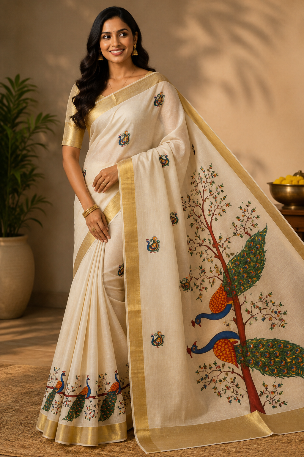 Kerala Kasavu tissue silk saree with peacock and floral tree pallu – view 7