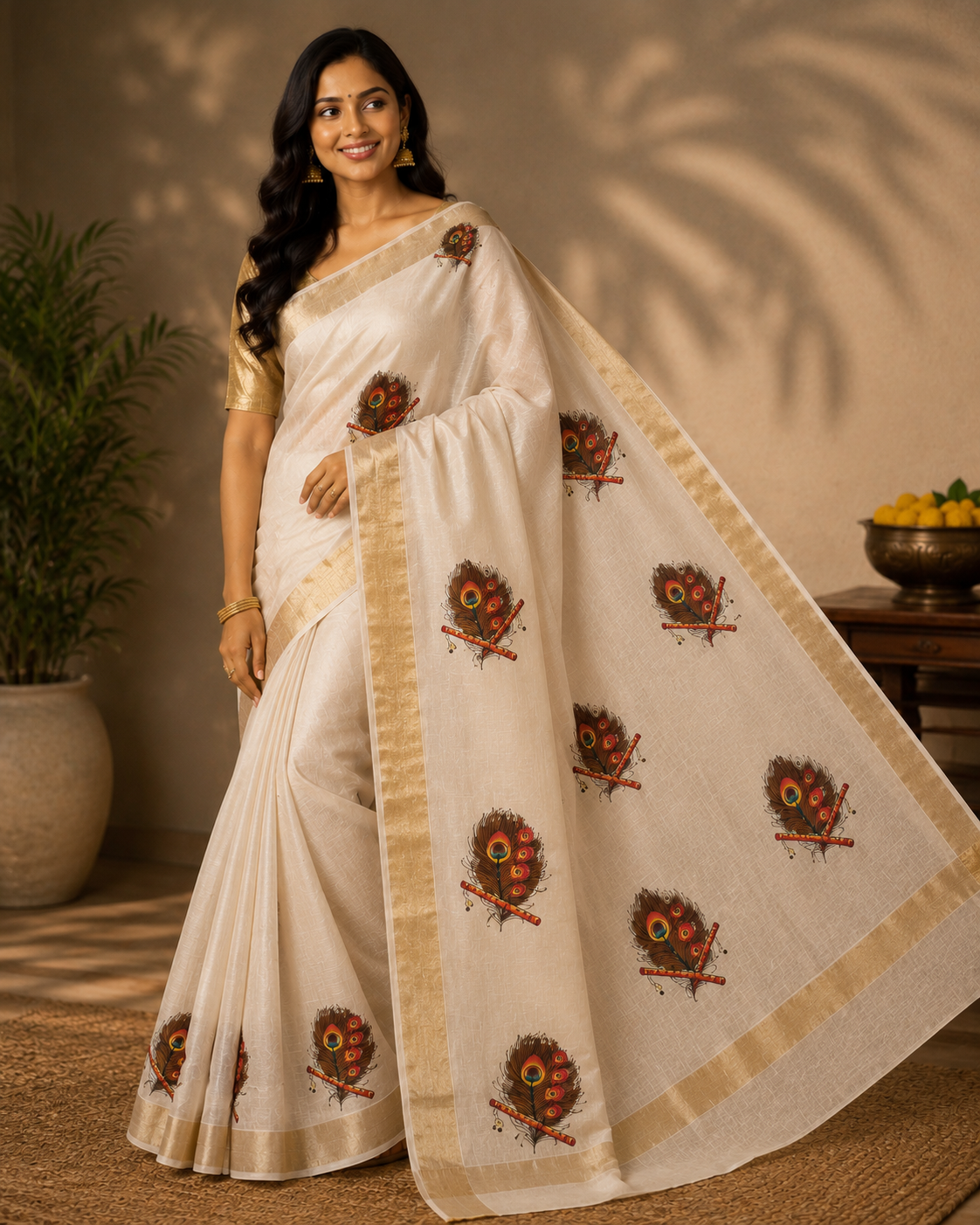 Kerala Kasavu tissue silk saree with peacock feather and flute motifs