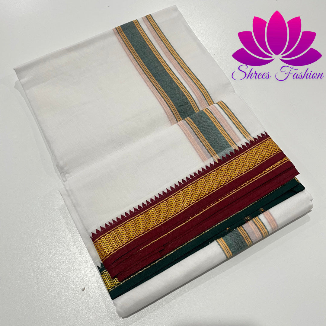Borderline Beauty: Dhoti Adorned with Green and Maroon Elegance