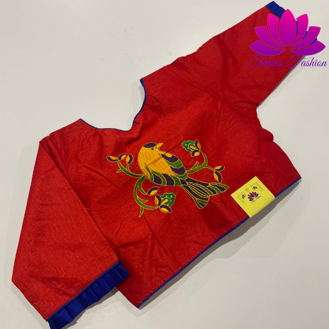 Crimson Azure: Red Blouse with Blue Piping and Back Embroidery