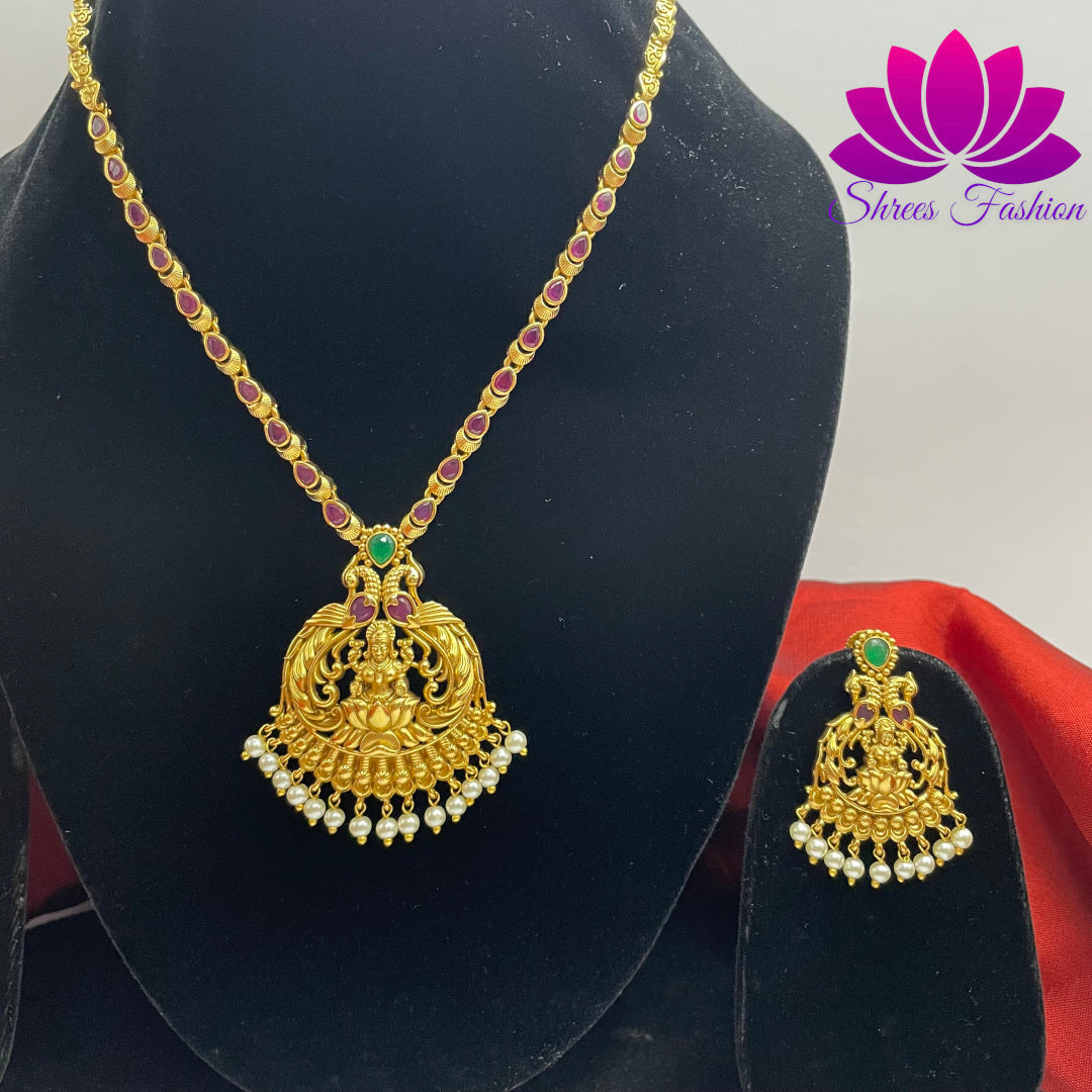 Exquisite Temple-Inspired Ruby and CZ Stone Necklace in Matte Gold Finish