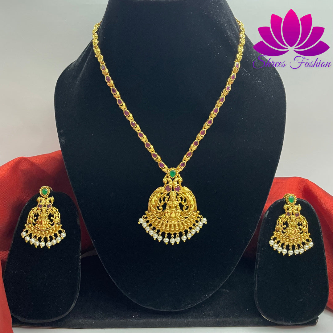 Exquisite Temple-Inspired Ruby and CZ Stone Necklace in Matte Gold Finish