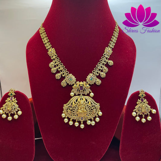 Radiant Elegance Matte Gold Finish Temple Design Necklace with CZ Stones | Shrees Fashion