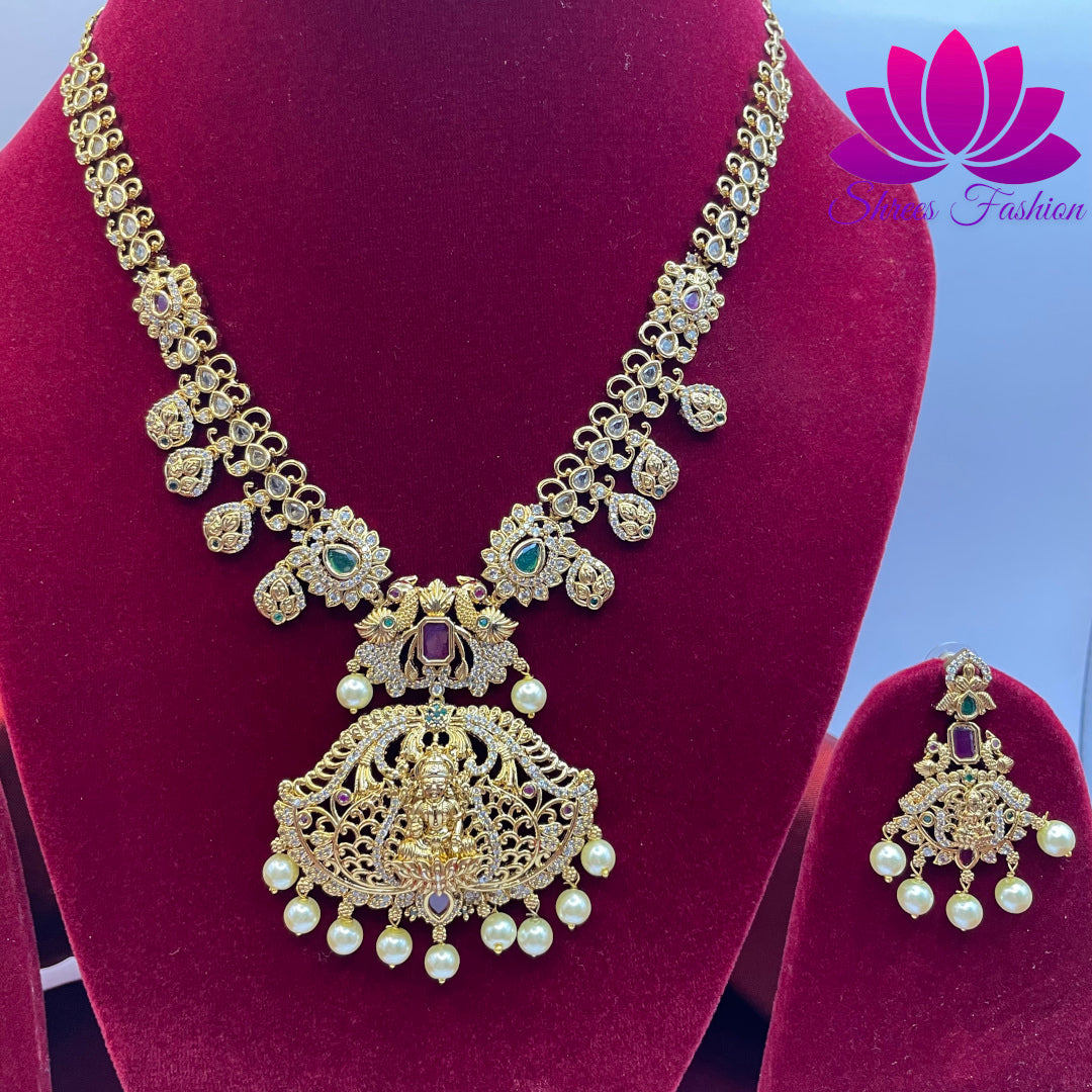 Radiant Elegance Matte Gold Finish Temple Design Necklace with CZ Stones | Shrees Fashion