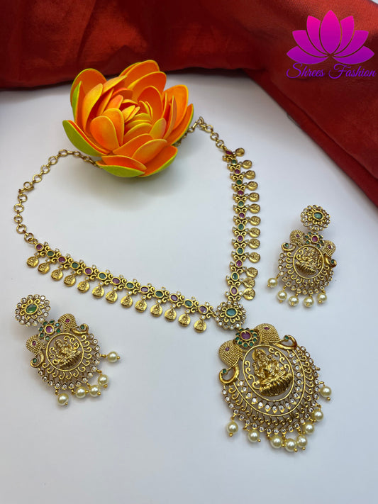 Timeless Elegance Matte Gold Finish Temple and Coin Design Necklace with Beautiful Earrings Set" | Shrees Fashion
