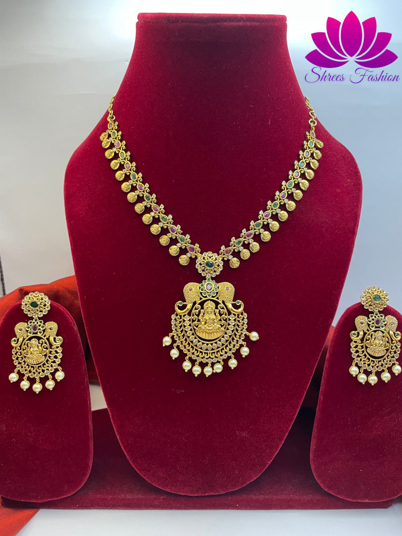 Timeless Elegance Matte Gold Finish Temple and Coin Design Necklace with Beautiful Earrings Set" | Shrees Fashion