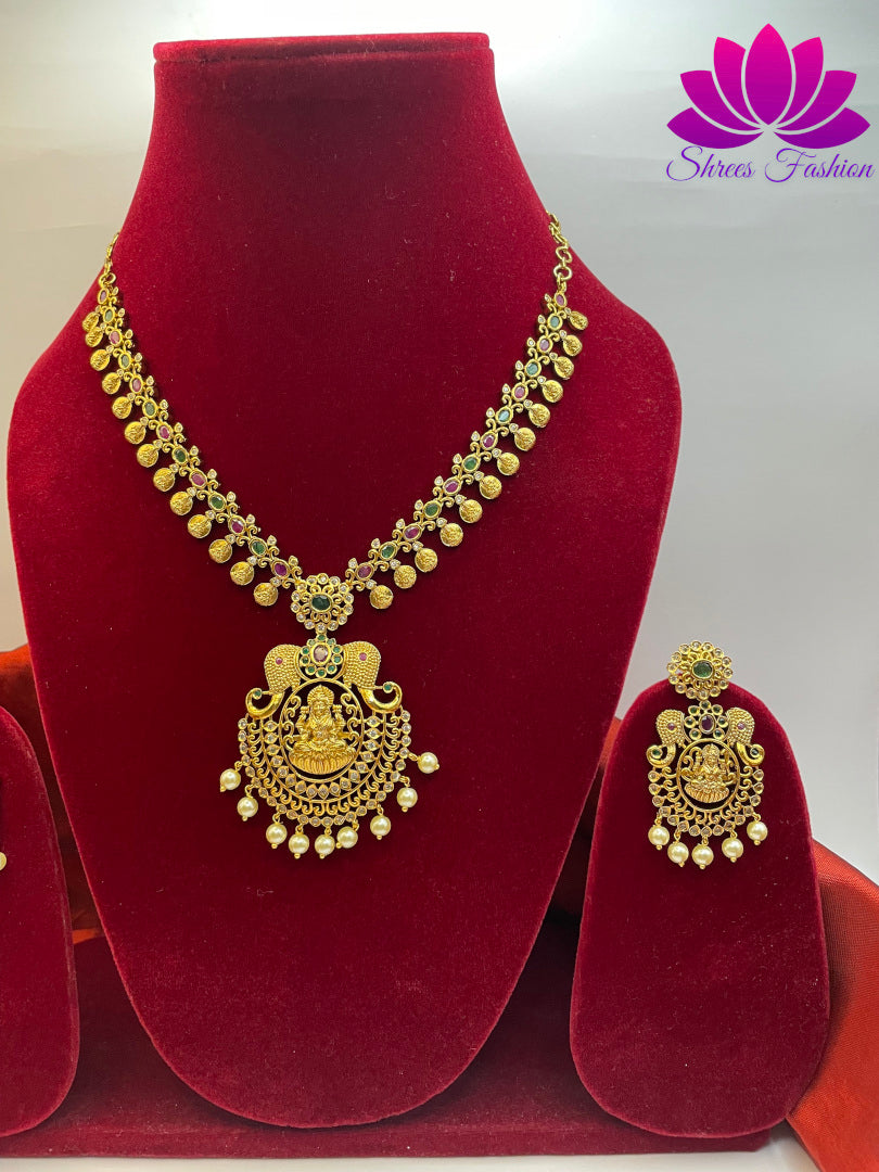 Timeless Elegance Matte Gold Finish Temple and Coin Design Necklace with Beautiful Earrings Set" | Shrees Fashion